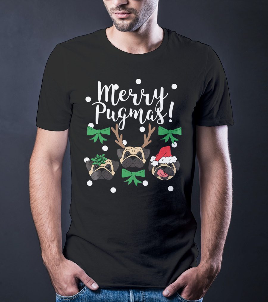 Merry Pugmas Pug Dogs With Christmas Antlers Santa Hat Bows And Snowflakes T-Shirt