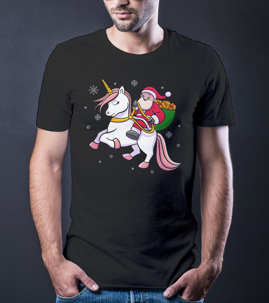 Santa Riding Unicorn With Presents For Cute Girls T-Shirt