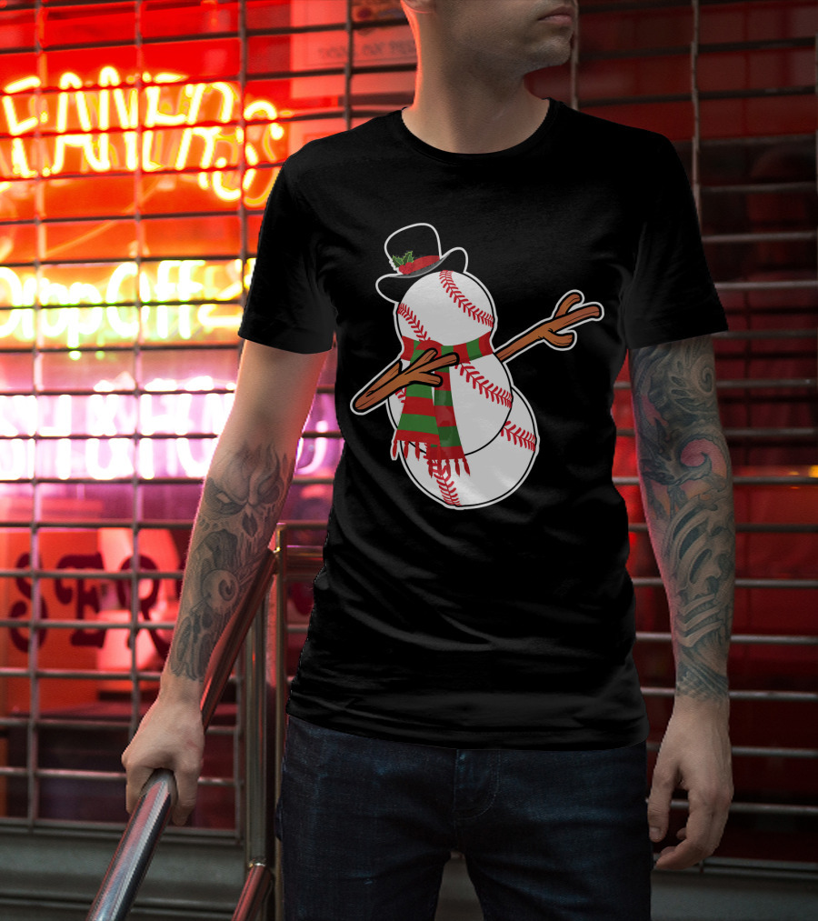 Dabbing Baseball Snowman In Top Hat With Festive Scarf T-Shirt