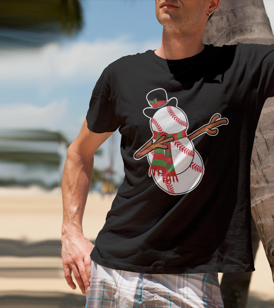 Dabbing Baseball Snowman In Top Hat With Festive Scarf T-Shirt