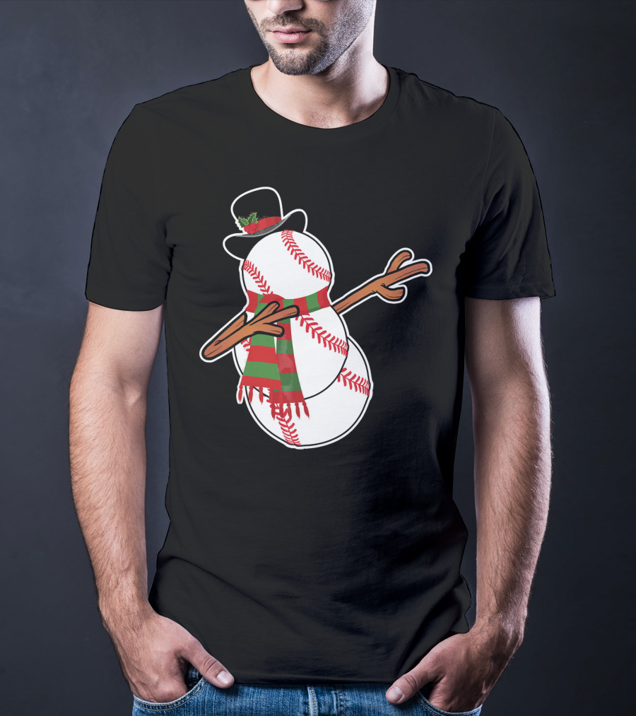 Dabbing Baseball Snowman In Top Hat With Festive Scarf T-Shirt