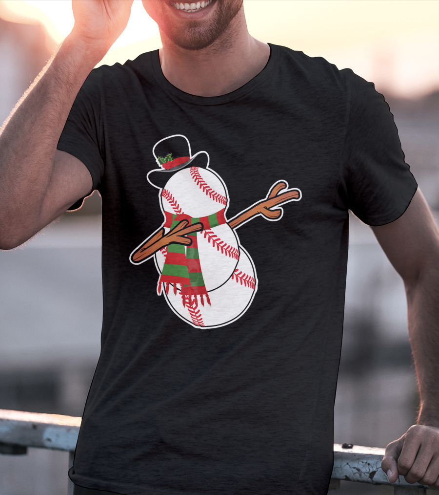 Dabbing Baseball Snowman In Top Hat With Festive Scarf T-Shirt