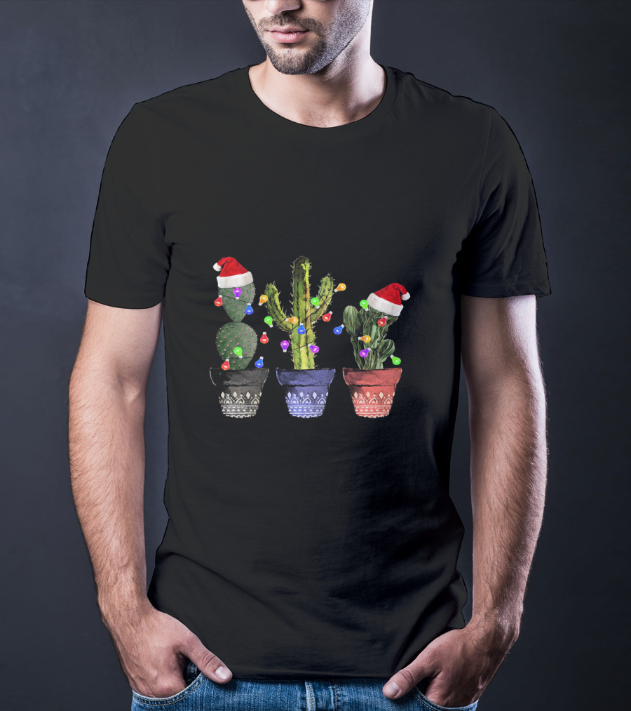 Cactus Christmas Lights Santa Hats Festive Holiday Decor T-Shirt