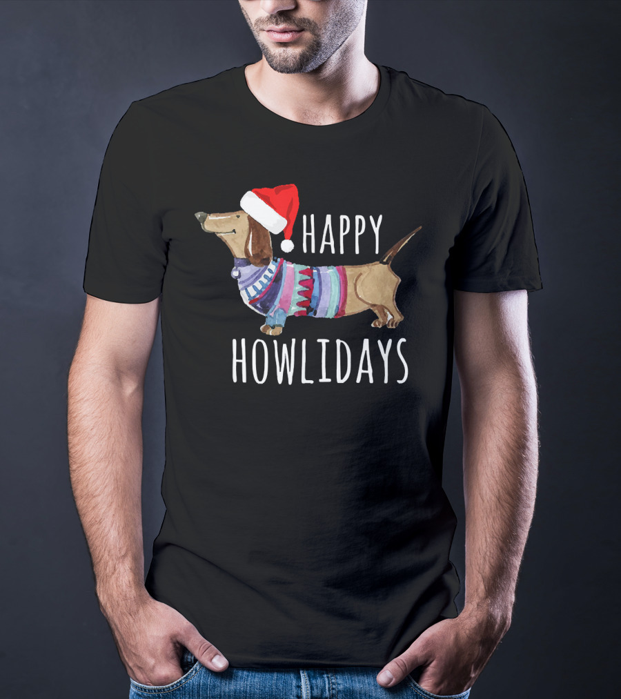 Happy Howlidays Christmas Dog Dachshund Wearing Santa Hat T-Shirt