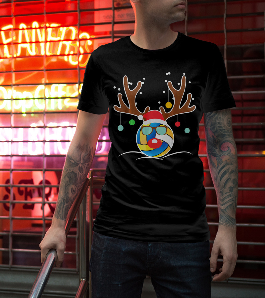 Volleyball Christmas Funny Reindeer Santa Hat Antlers Sunglasses Holiday Ornaments T-Shirt