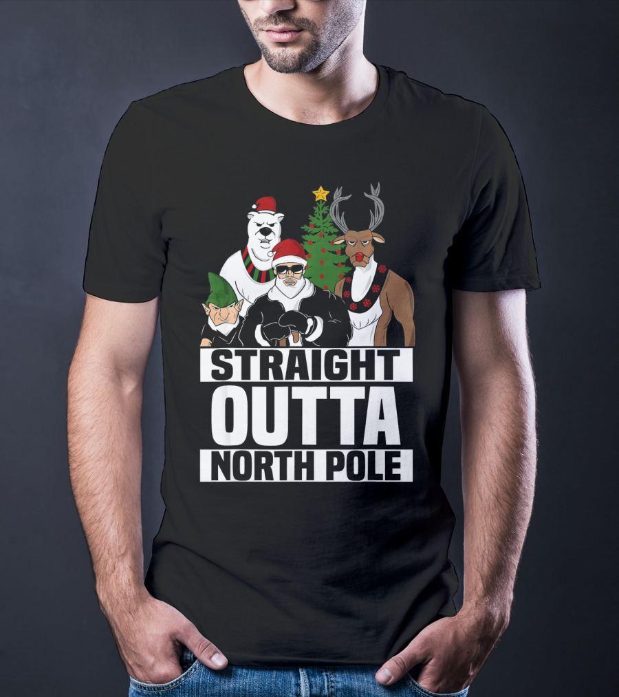 Straight Outta North Pole Christmas Characters Polar Bear Elf Reindeer T-Shirt