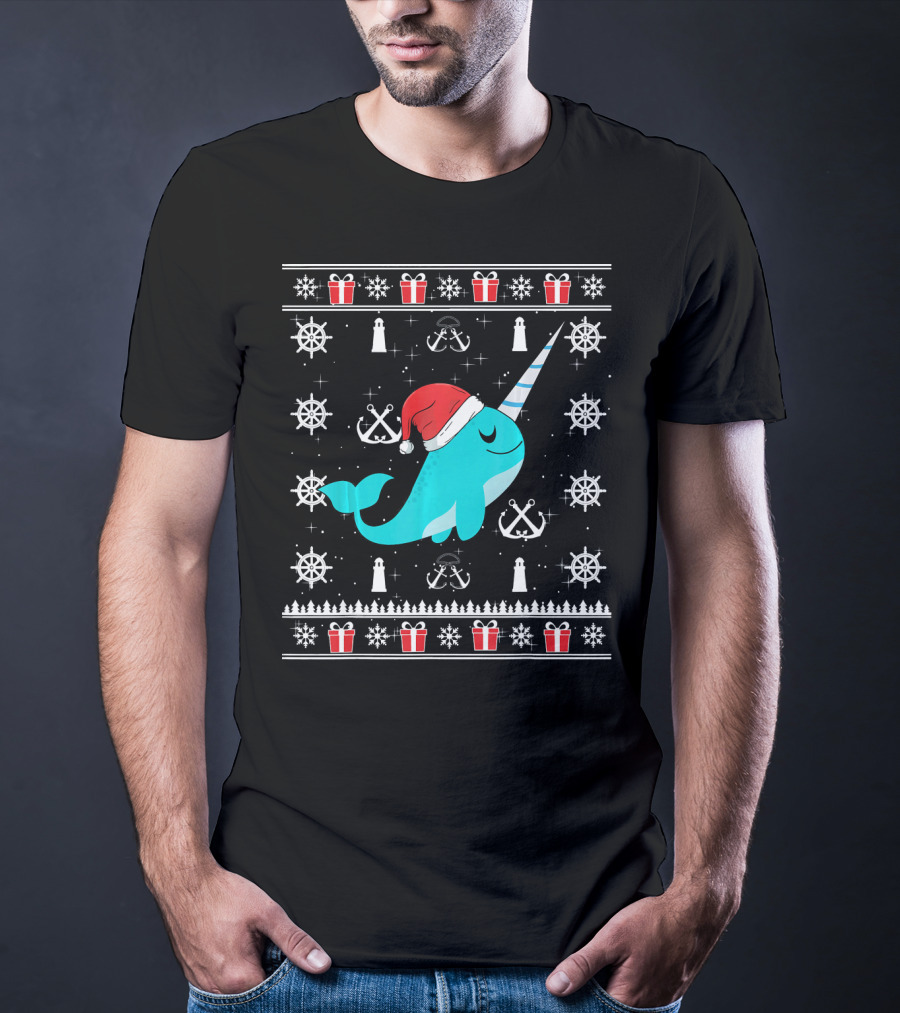Narwhals Christmas Style With Santa Hat Anchors And Snowflakes T-Shirt