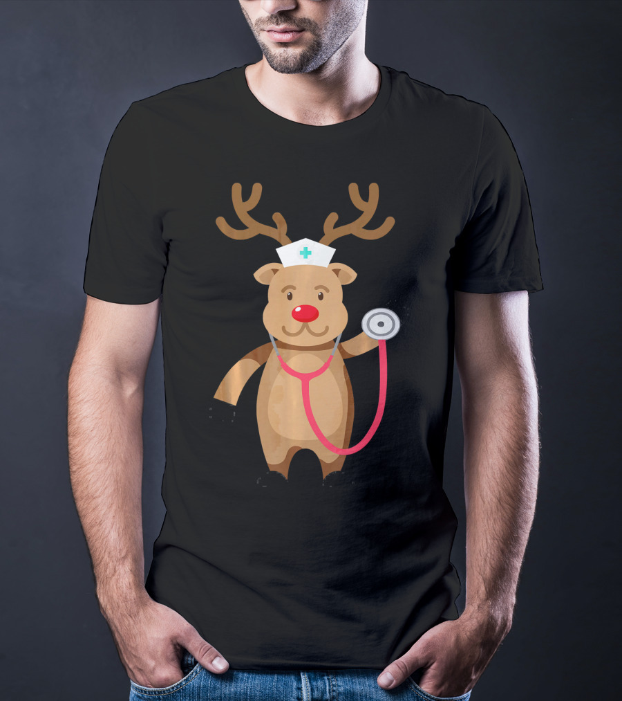 Nurse Reindeer With Stethoscope And Hat T-Shirt