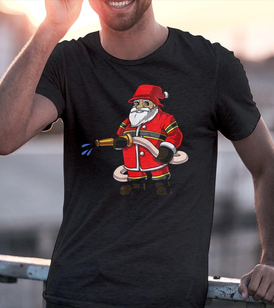 Santa Firefighter With Hose And Water Spray T-Shirt