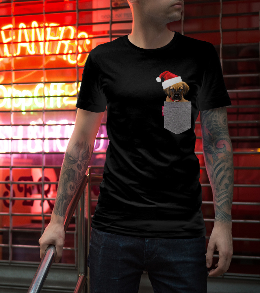 Puggle Puppy With Santa Hat In Gray Pocket Cute Beagle Pug T-Shirt