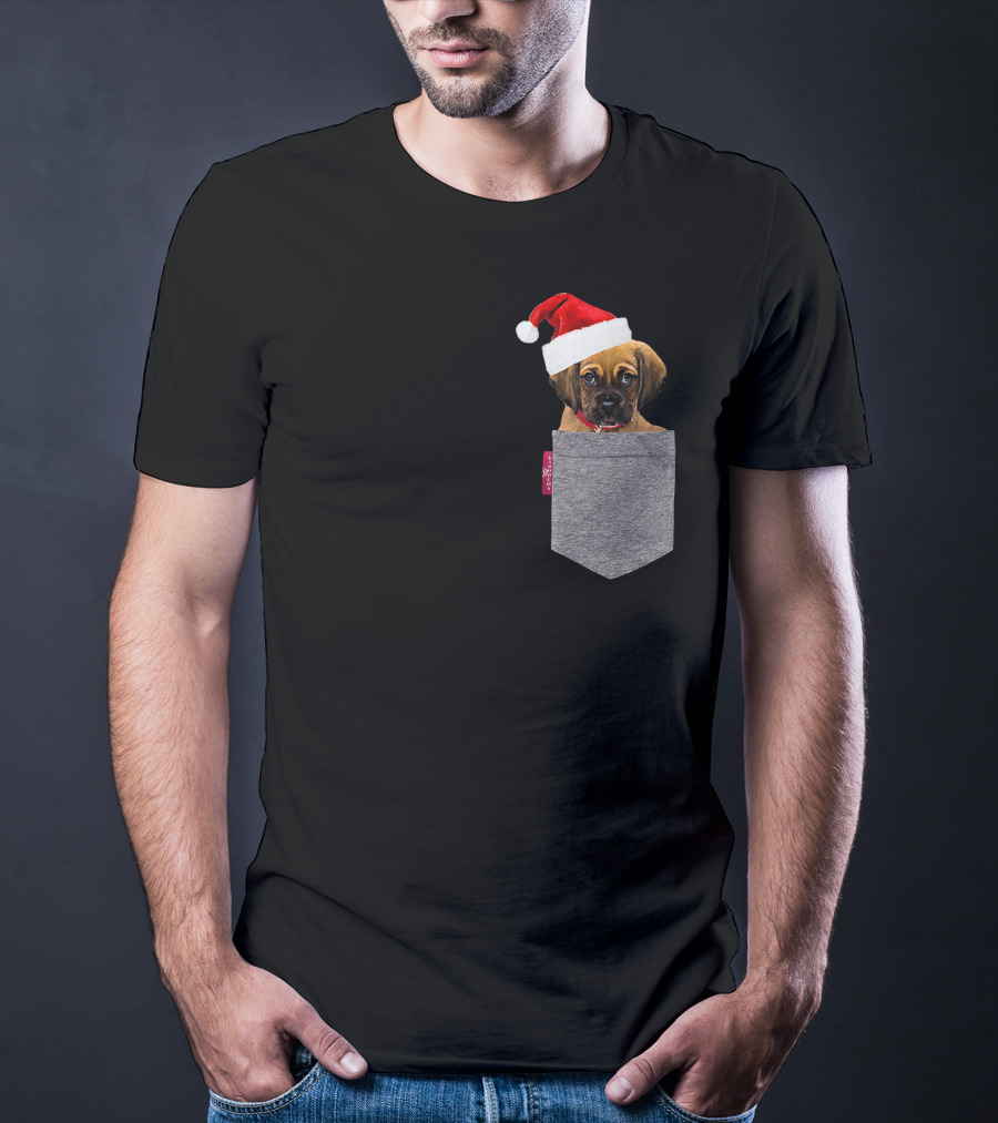 Puggle Puppy With Santa Hat In Gray Pocket Cute Beagle Pug T-Shirt