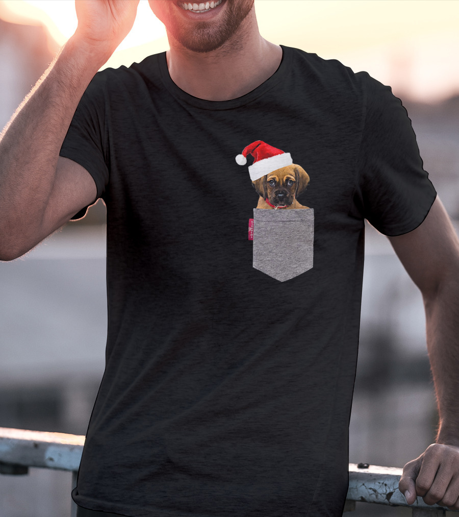 Puggle Puppy With Santa Hat In Gray Pocket Cute Beagle Pug T-Shirt