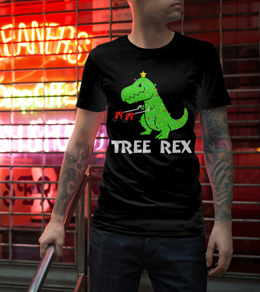 Tree Rex Funny Christmas Dinos Wrapped In Lights T-Shirt