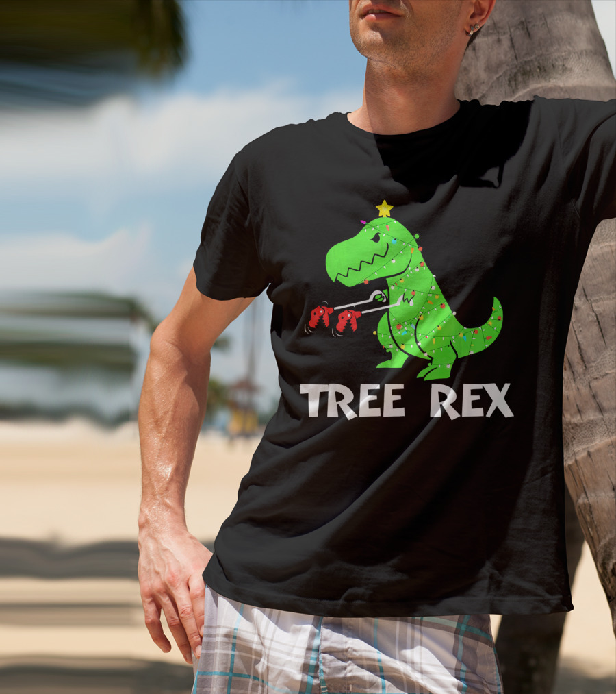 Tree Rex Funny Christmas Dinos Wrapped In Lights T-Shirt