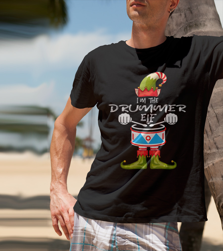 I'M THE DRUMMER ELF Christmas Hat Striped Candy Cane Elf Boots Drumsticks T-Shirt