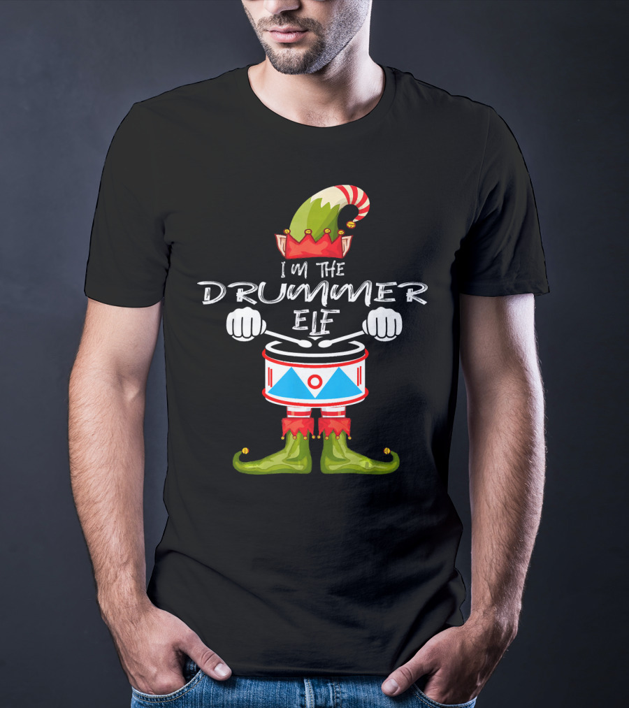 I'M THE DRUMMER ELF Christmas Hat Striped Candy Cane Elf Boots Drumsticks T-Shirt