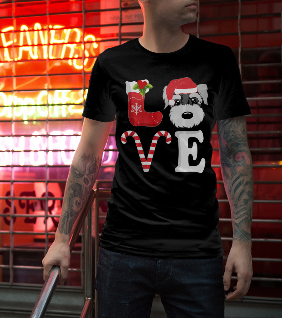 LOVE Miniature Schnauzer Santa Christmas Candy Cane T-Shirt