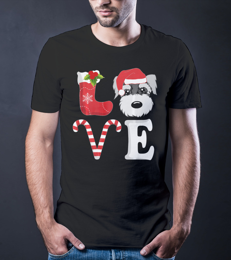LOVE Miniature Schnauzer Santa Christmas Candy Cane T-Shirt