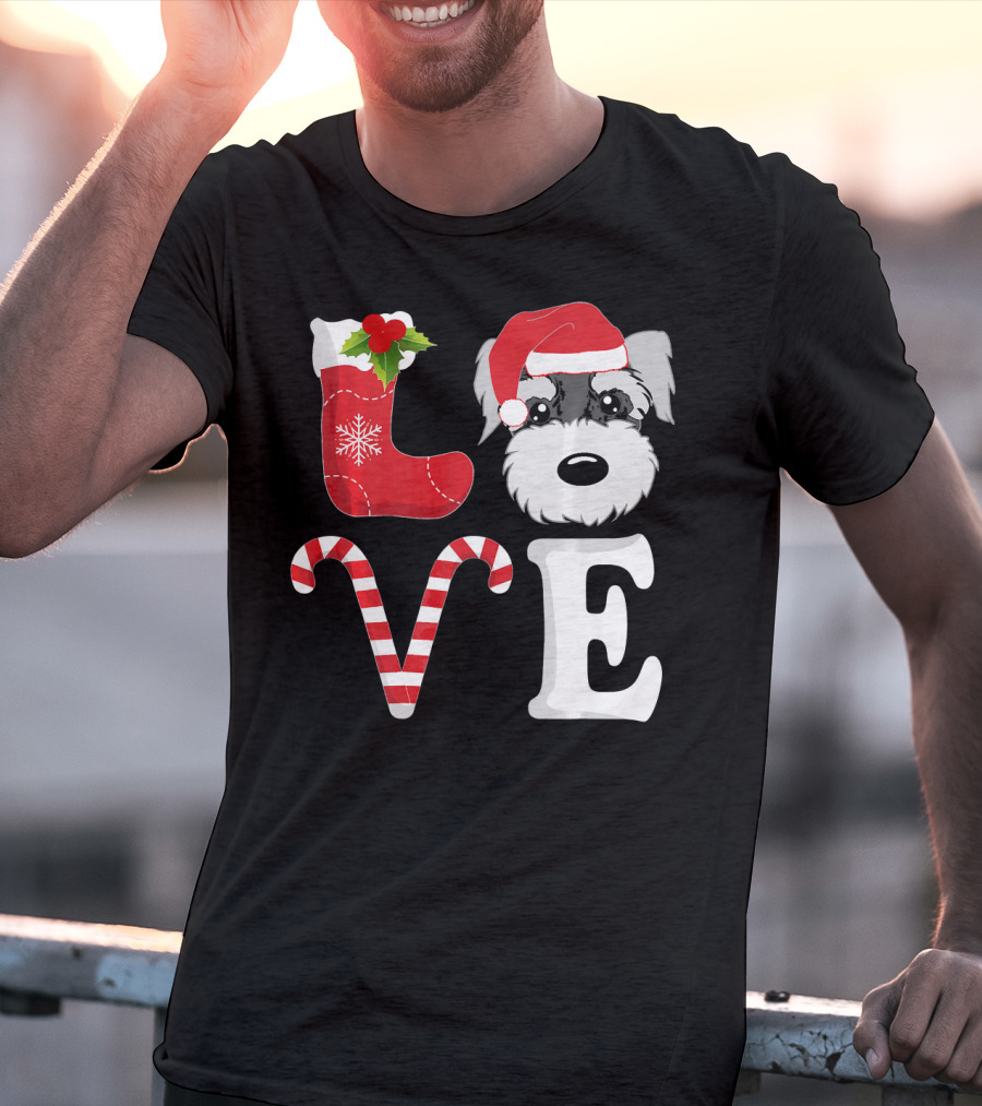LOVE Miniature Schnauzer Santa Christmas Candy Cane T-Shirt
