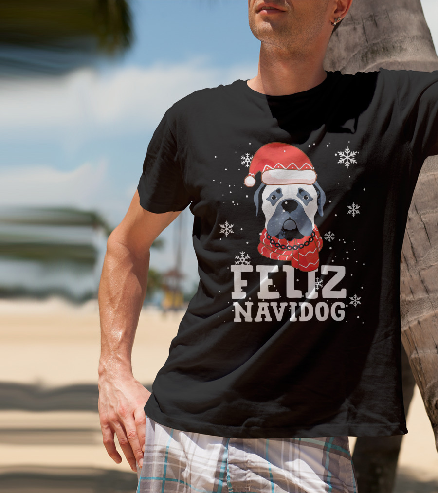Feliz Navidog Bullmastiff Dog Christmas Santa Hat Snowflakes T-Shirt