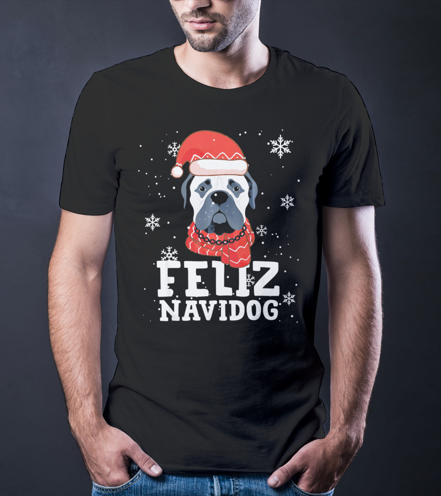 Feliz Navidog Bullmastiff Dog Christmas Santa Hat Snowflakes T-Shirt