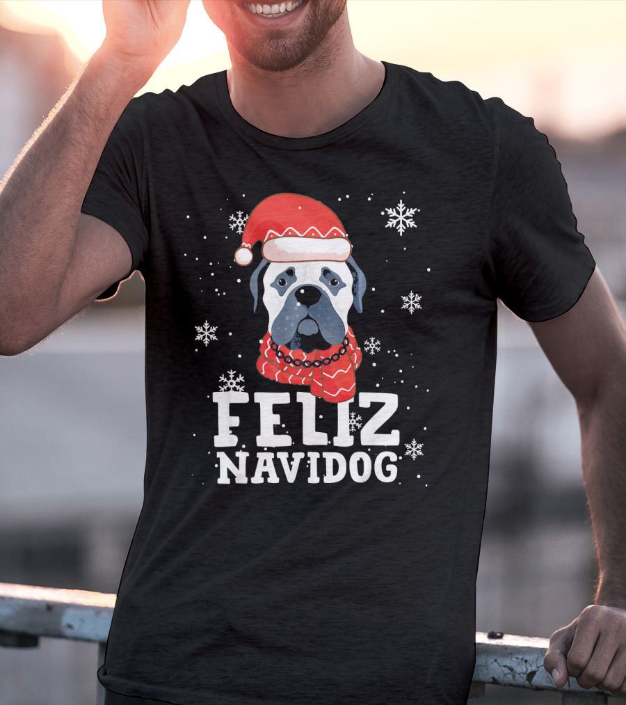 Feliz Navidog Bullmastiff Dog Christmas Santa Hat Snowflakes T-Shirt