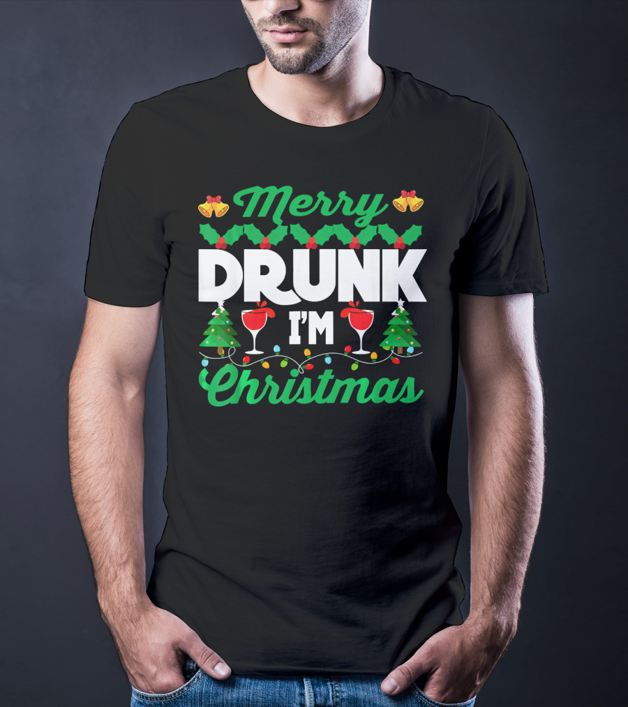 Merry Drunk I'm Christmas Wine Bells Lights Trees T-Shirt