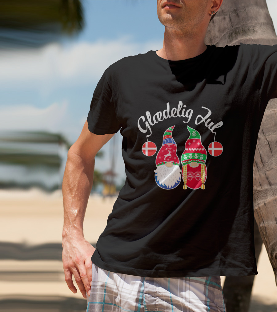 Glaedelig Jul Danish Merry Christmas With Festive Gnomes And Flags T-Shirt