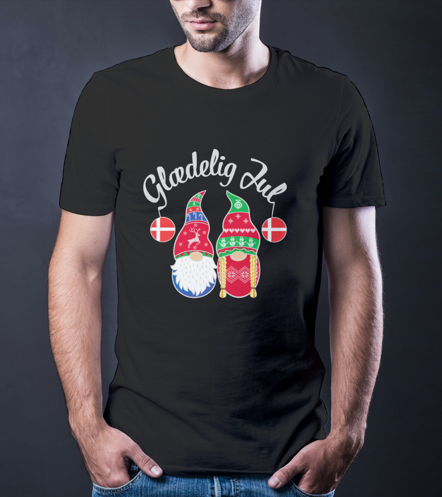 Glaedelig Jul Danish Merry Christmas With Festive Gnomes And Flags T-Shirt