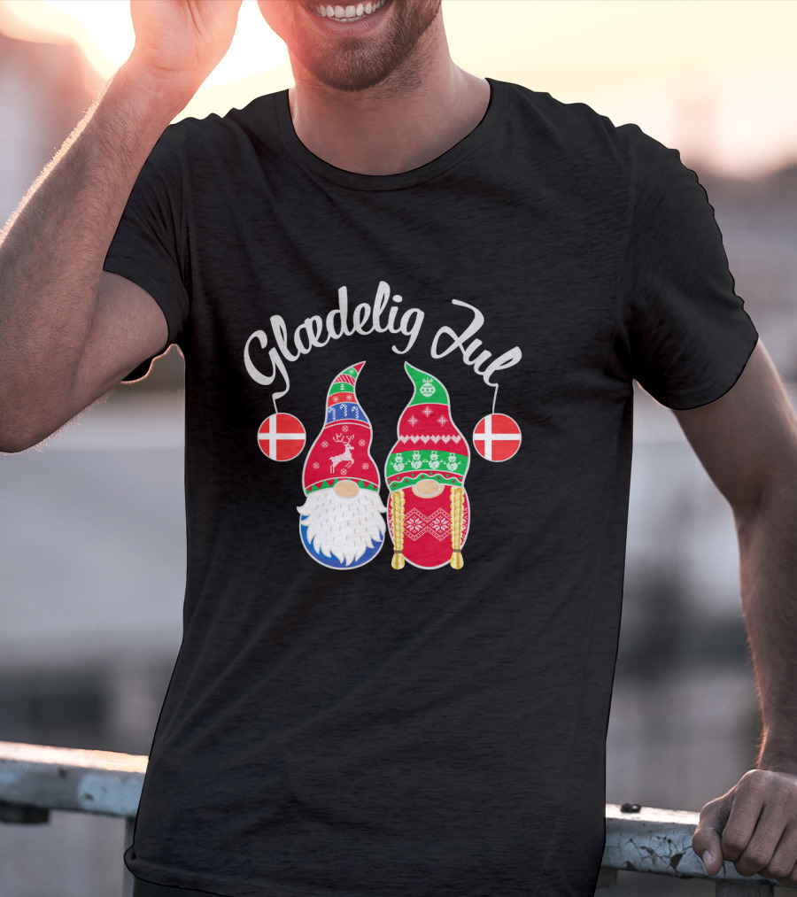 Glaedelig Jul Danish Merry Christmas With Festive Gnomes And Flags T-Shirt