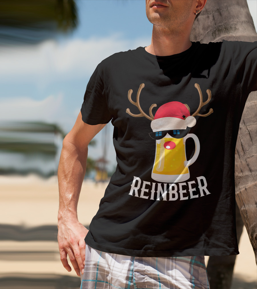 Reindeer Beer Christmas Funny Drinking Reinbeer Santa Hat T-Shirt