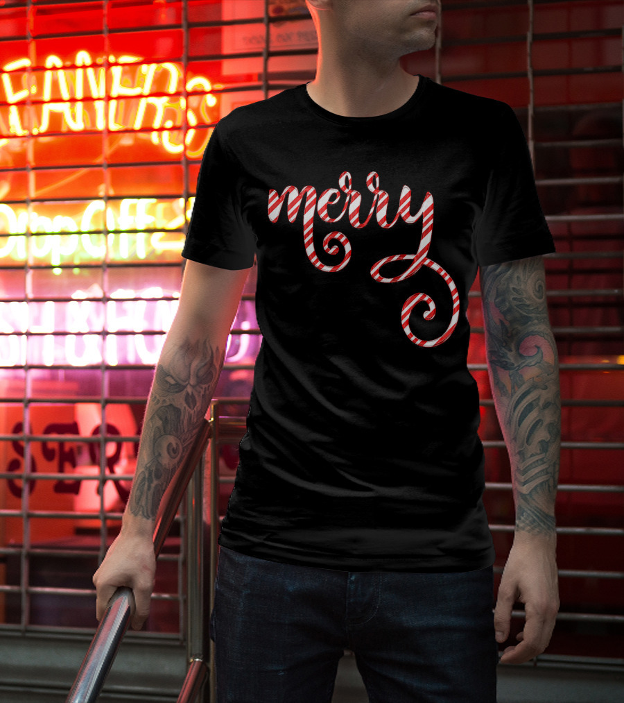 Merry Christmas Script Candy Cane Stripes T-Shirt