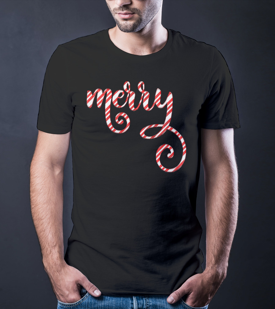 Merry Christmas Script Candy Cane Stripes T-Shirt
