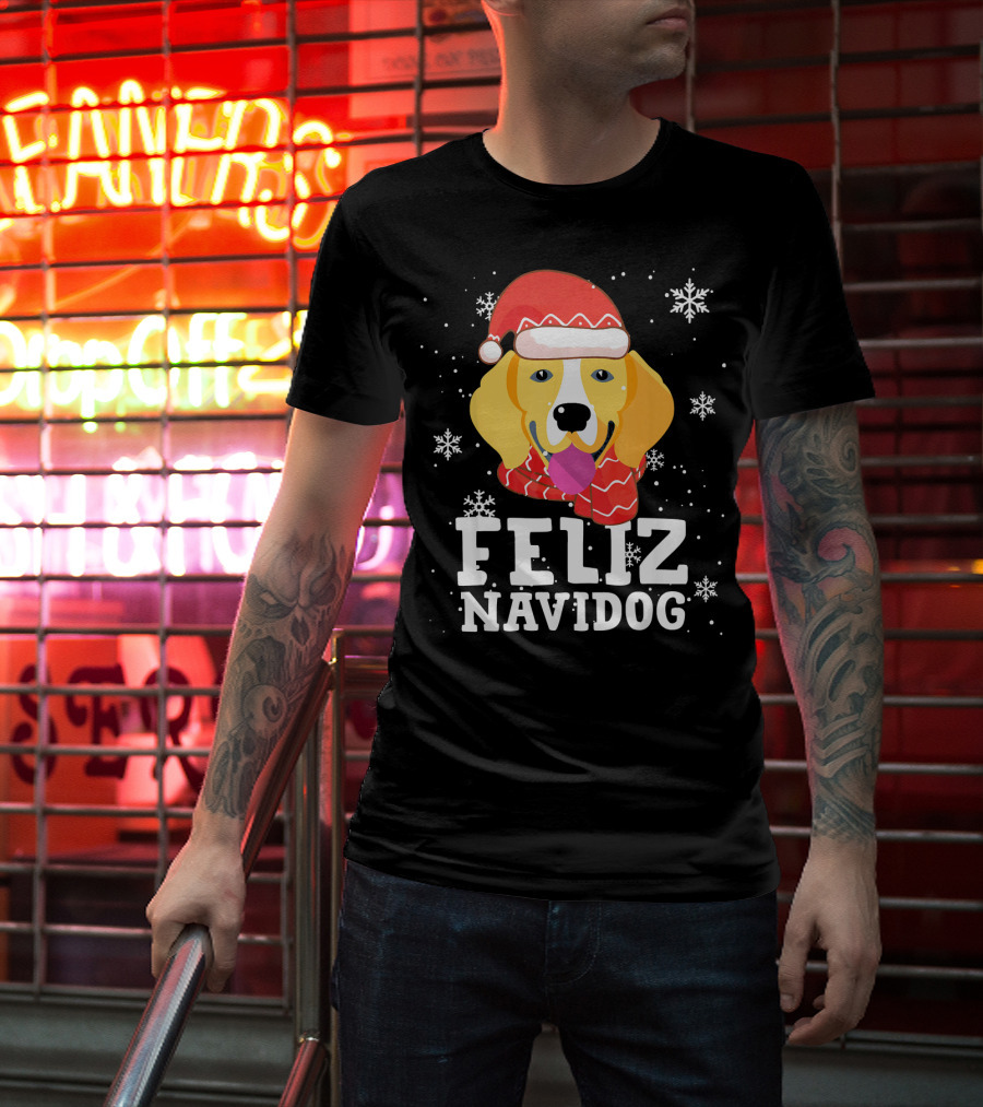 Feliz Navidog Beagle Dog Funny Christmas Snowflakes Santa Hat T-Shirt