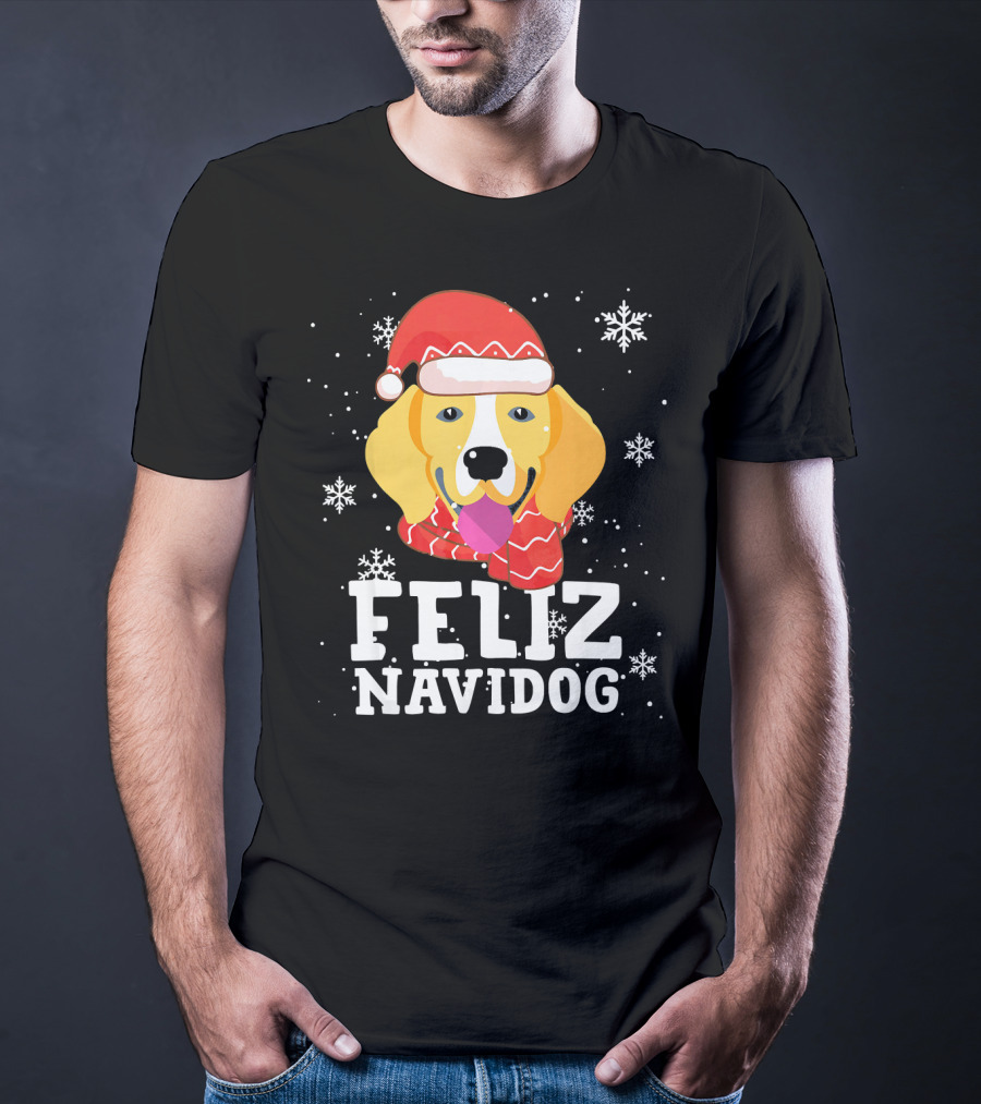 Feliz Navidog Beagle Dog Funny Christmas Snowflakes Santa Hat T-Shirt
