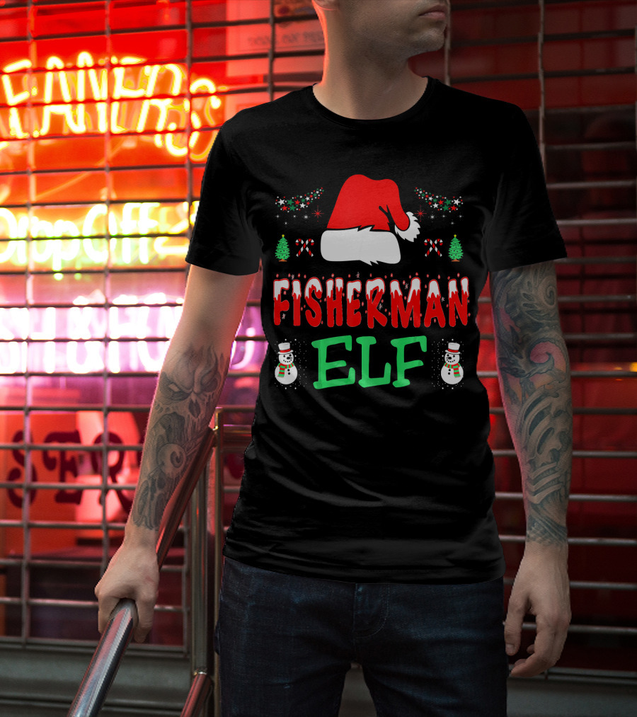 Fisherman Elf Christmas Snowman Santa Hat Candy Cane T-Shirt