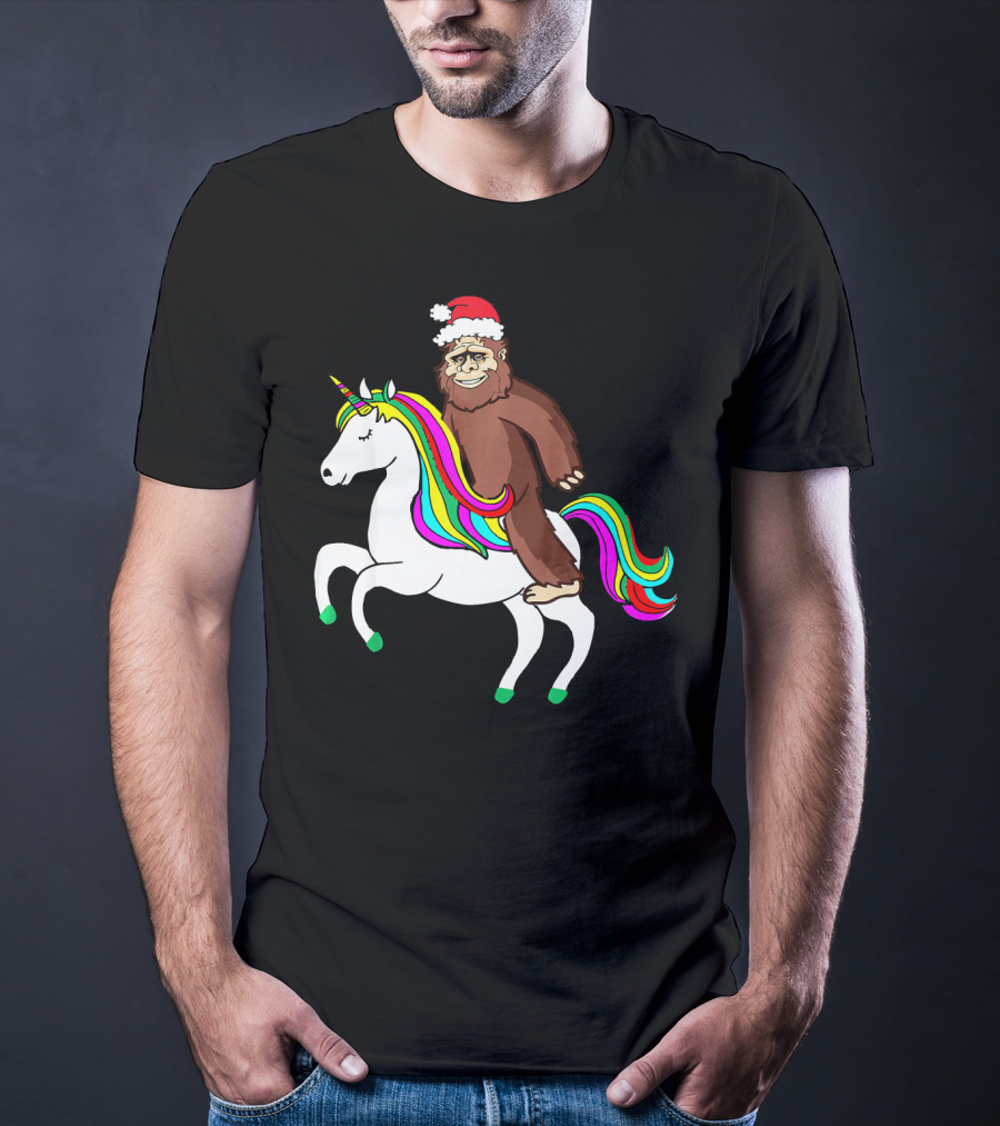 Bigfool Riding Unicorn With Santa Hat Rainbow Mane T-Shirt