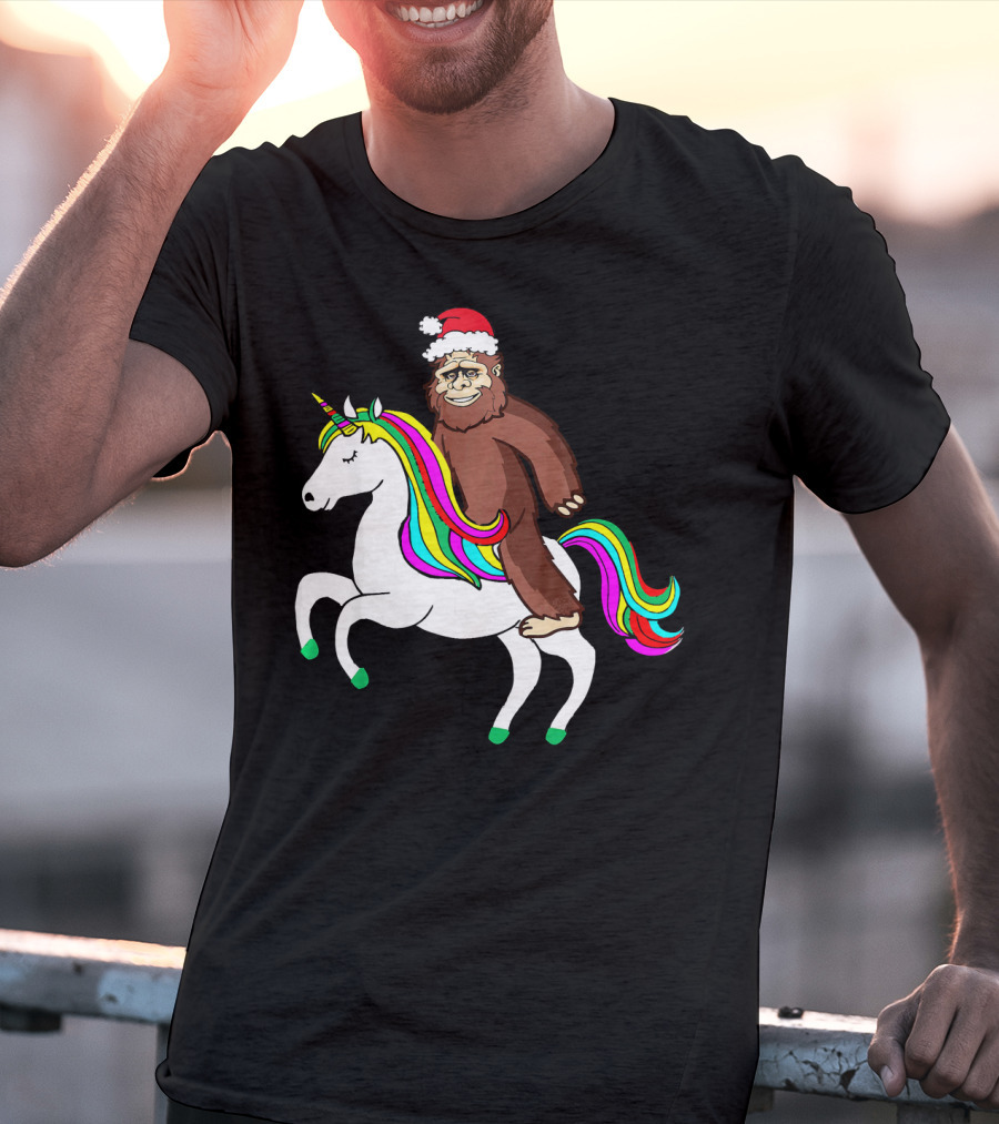 Bigfool Riding Unicorn With Santa Hat Rainbow Mane T-Shirt