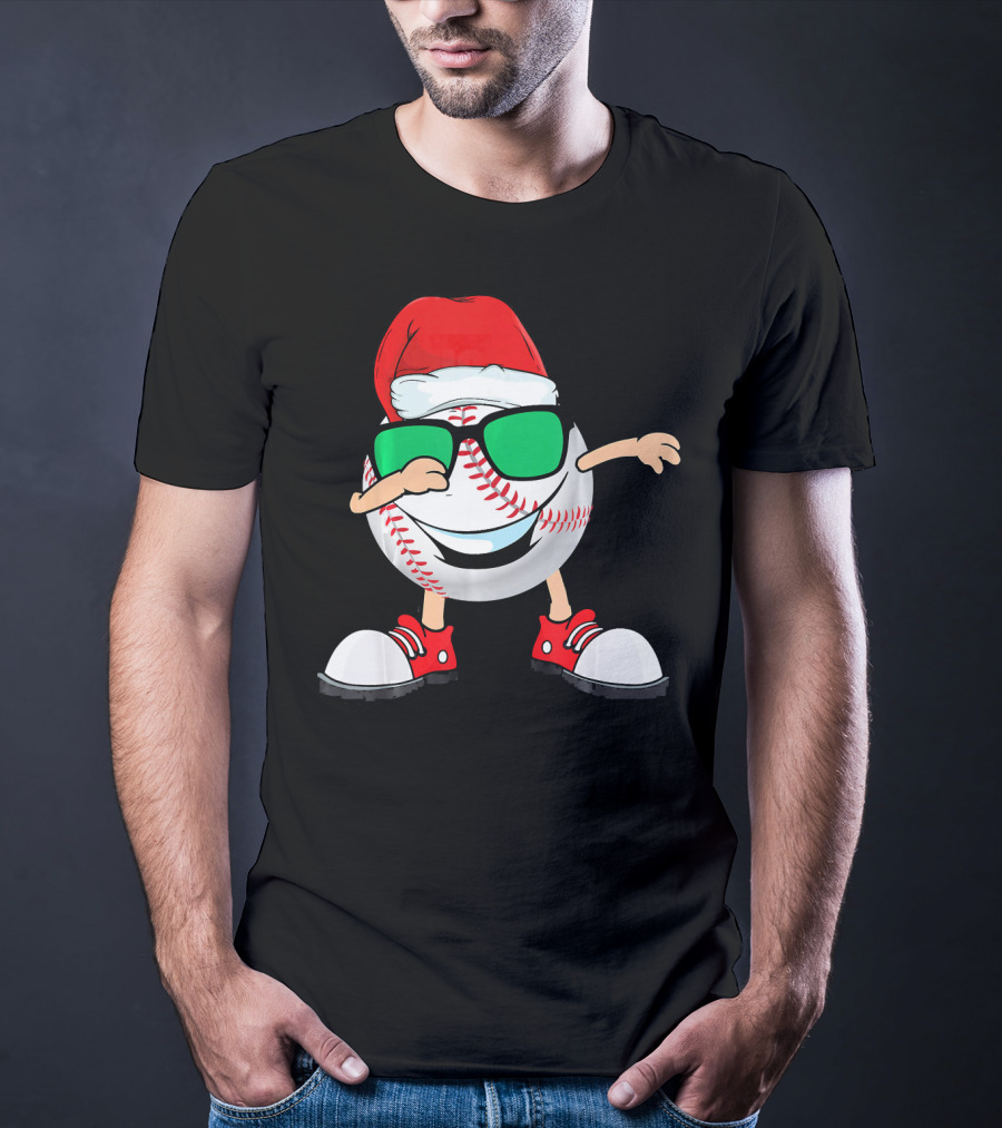 Dabbing Baseball With Santa Hat And Sunglasses T-Shirt