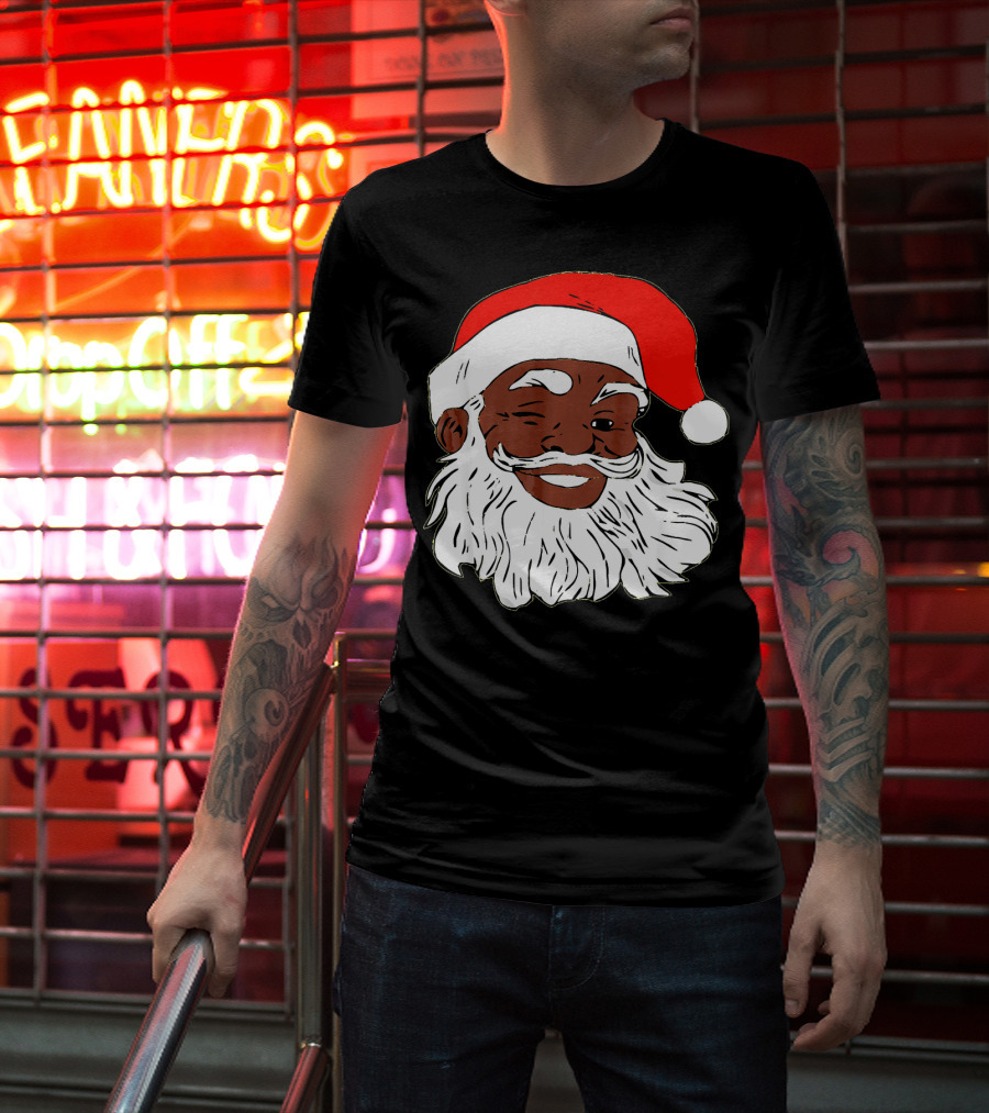 Black Santa Claus Winking In Red Hat T-Shirt