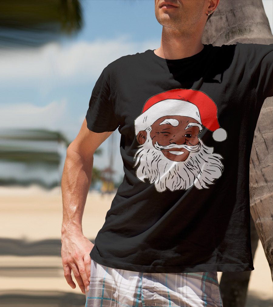 Black Santa Claus Winking In Red Hat T-Shirt