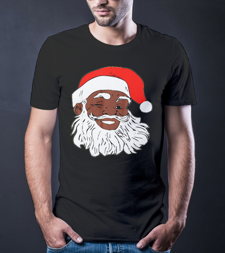 Black Santa Claus Winking In Red Hat T-Shirt