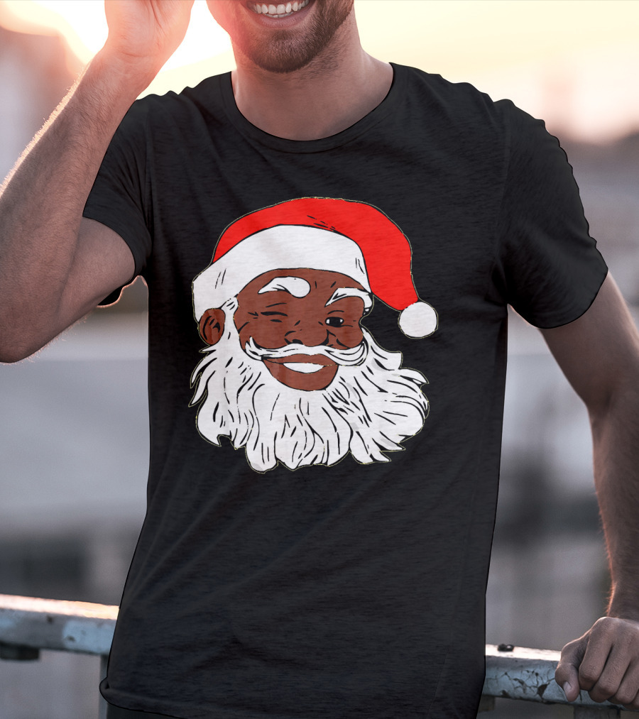 Black Santa Claus Winking In Red Hat T-Shirt