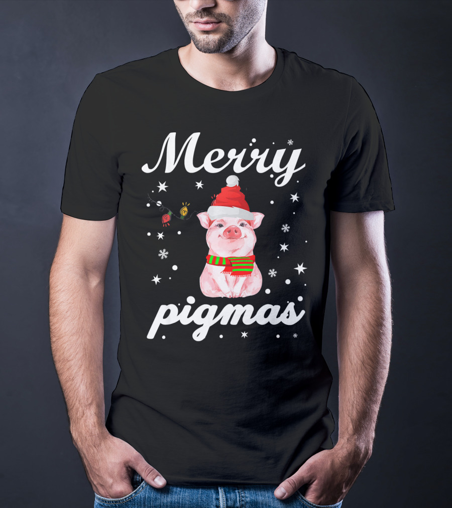 Merry Pigmas Santa Pig With Christmas Lights And Snowflakes T-Shirt