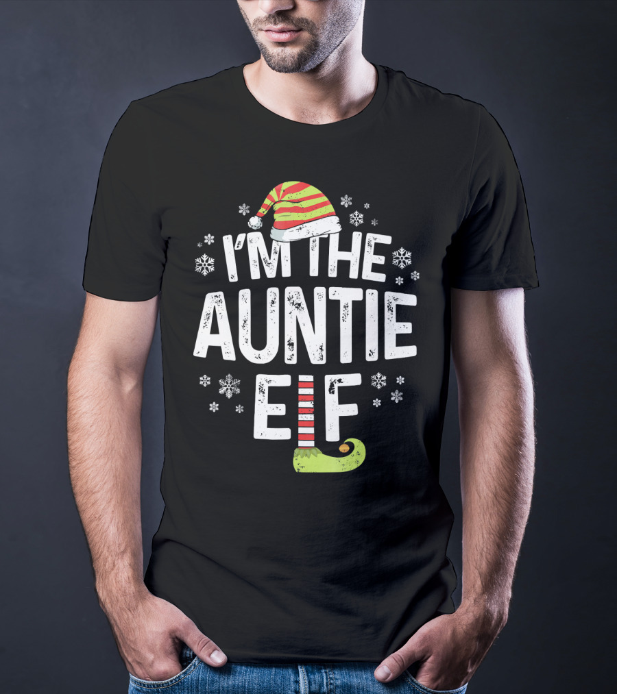 I'm The Auntie Elf Christmas Snowflakes Hat And Green Shoe T-Shirt