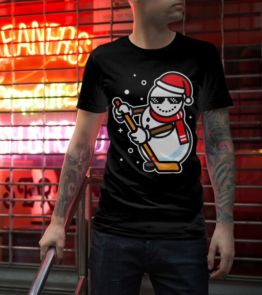 Ice Hockey Player Snowman Funny Boy Cool Nerd Santa T-Shirt