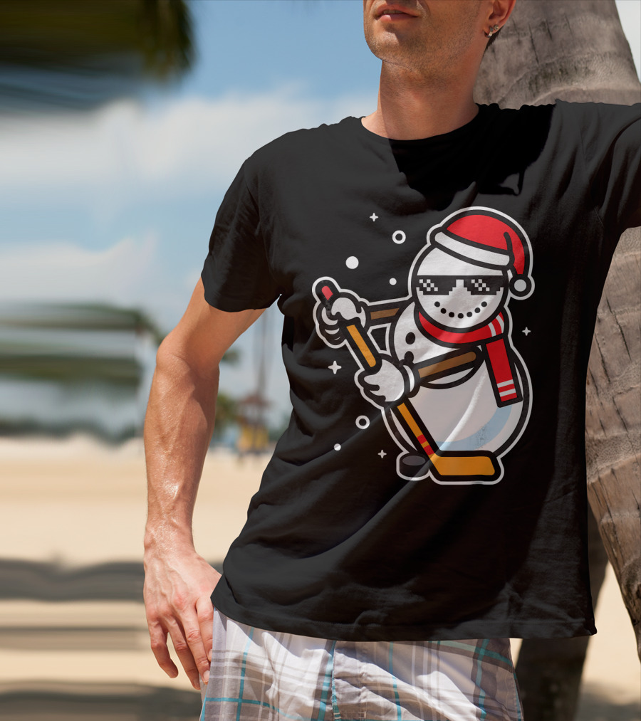 Ice Hockey Player Snowman Funny Boy Cool Nerd Santa T-Shirt