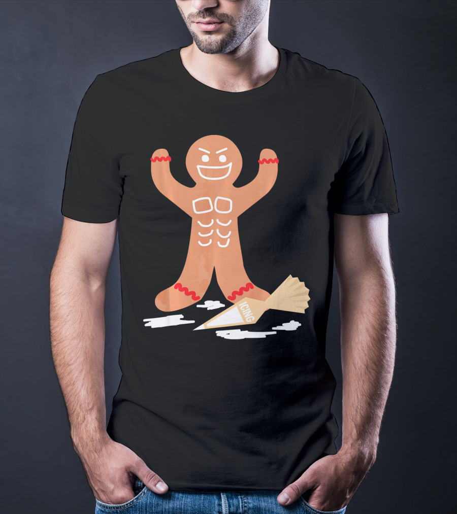 Christmas Gingerbread Muscle Man With Icing Power T-Shirt