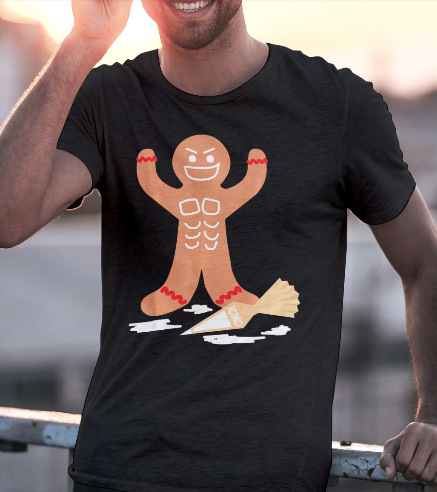 Christmas Gingerbread Muscle Man With Icing Power T-Shirt