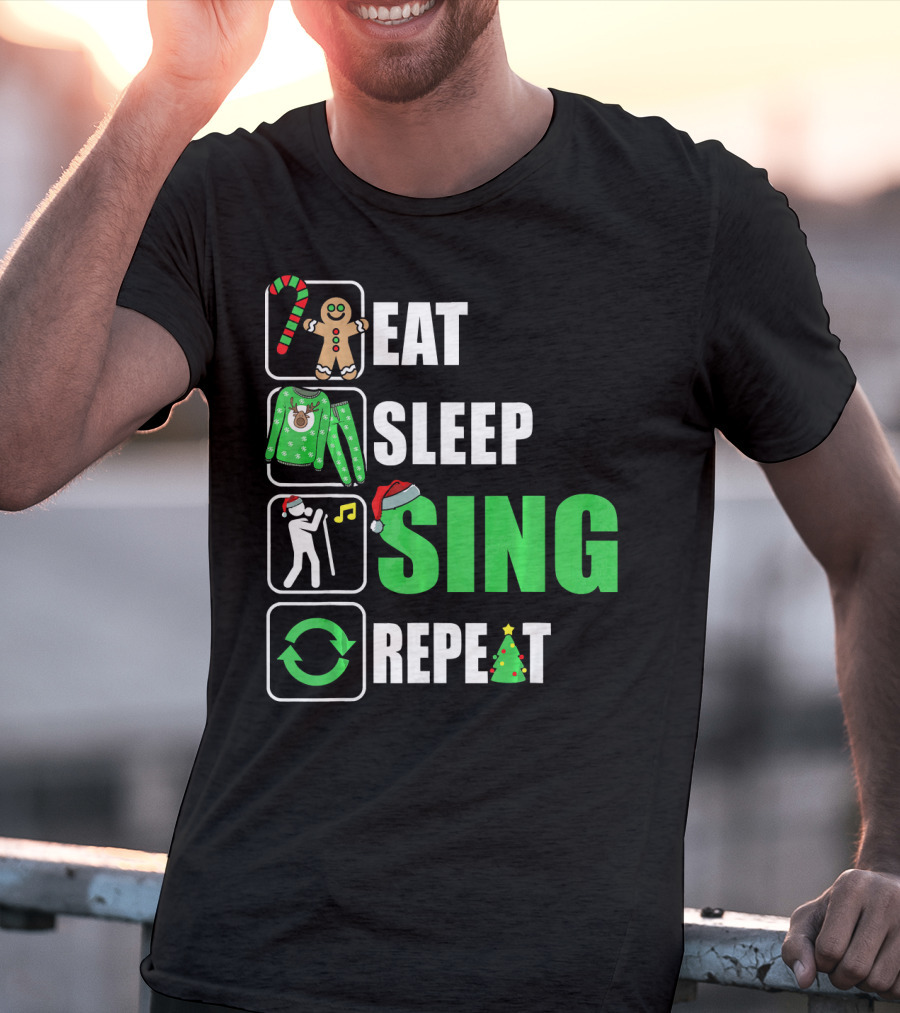 Eat Sleep Sing Repeat Christmas Sweater Singer Candy Cane Gingerbread Music Tree T-Shirt